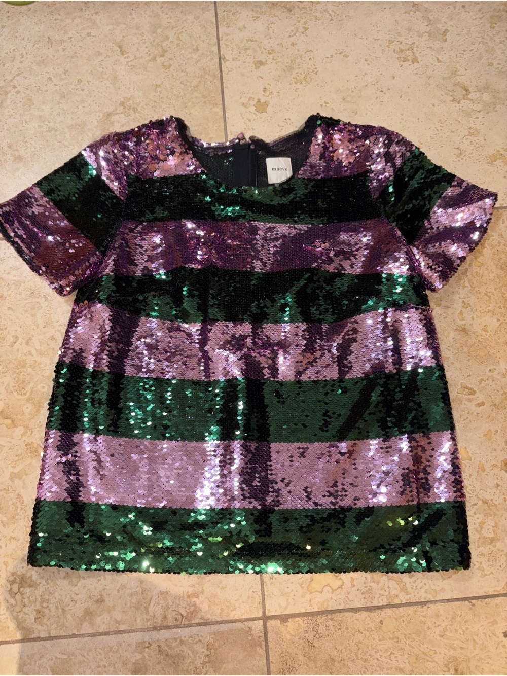 Maeve Anthroplogie Sequin Striped Short Sleeve Top - Green & Pink Loose Fit XS